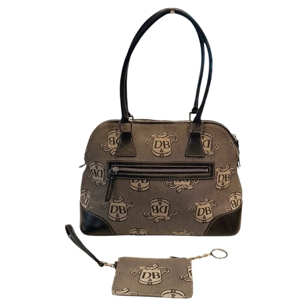 Dooney & Bourke Large Donegal Crest Logo Dome Satchel Bag Brown Tan Wristlet
